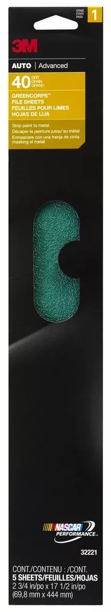 3M Green Corps File Sheets, 32221, 40 grit, 2-3/4 in x 17 1/2 in, 5 sheets per pack