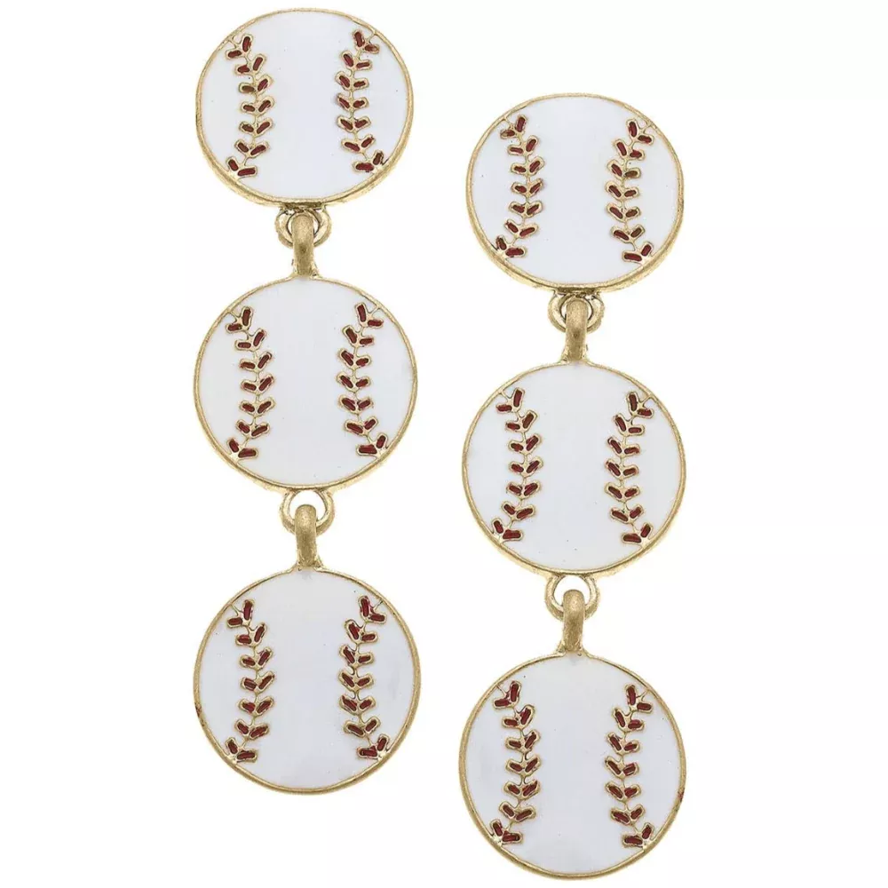 Canvas Style Enamel Baseball Triple Drop Earrings