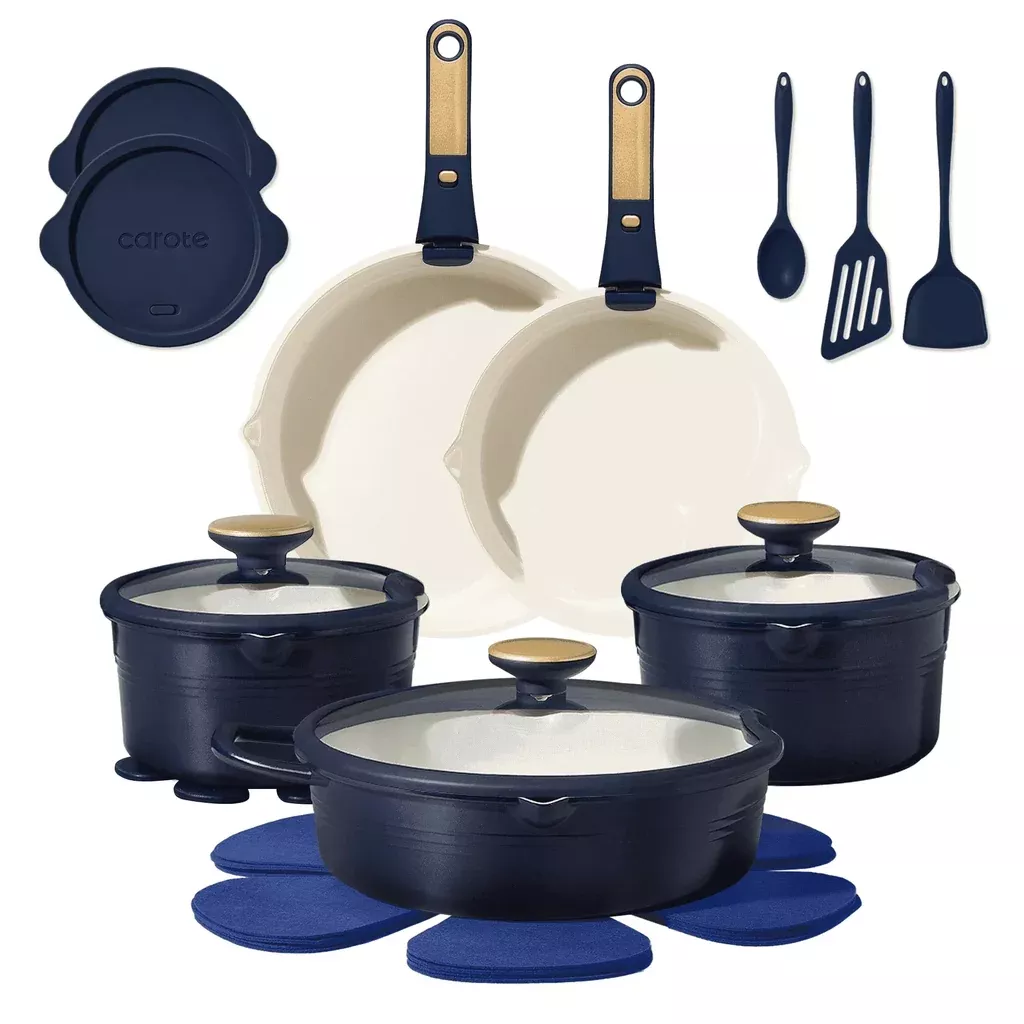 Carote 22 Pcs Ceramic Cookware Set, Pots and Pans Set with Detachable Handles, Oven Safe, Induction Cookware, Stackable Kitchen Cooking Set, Blue