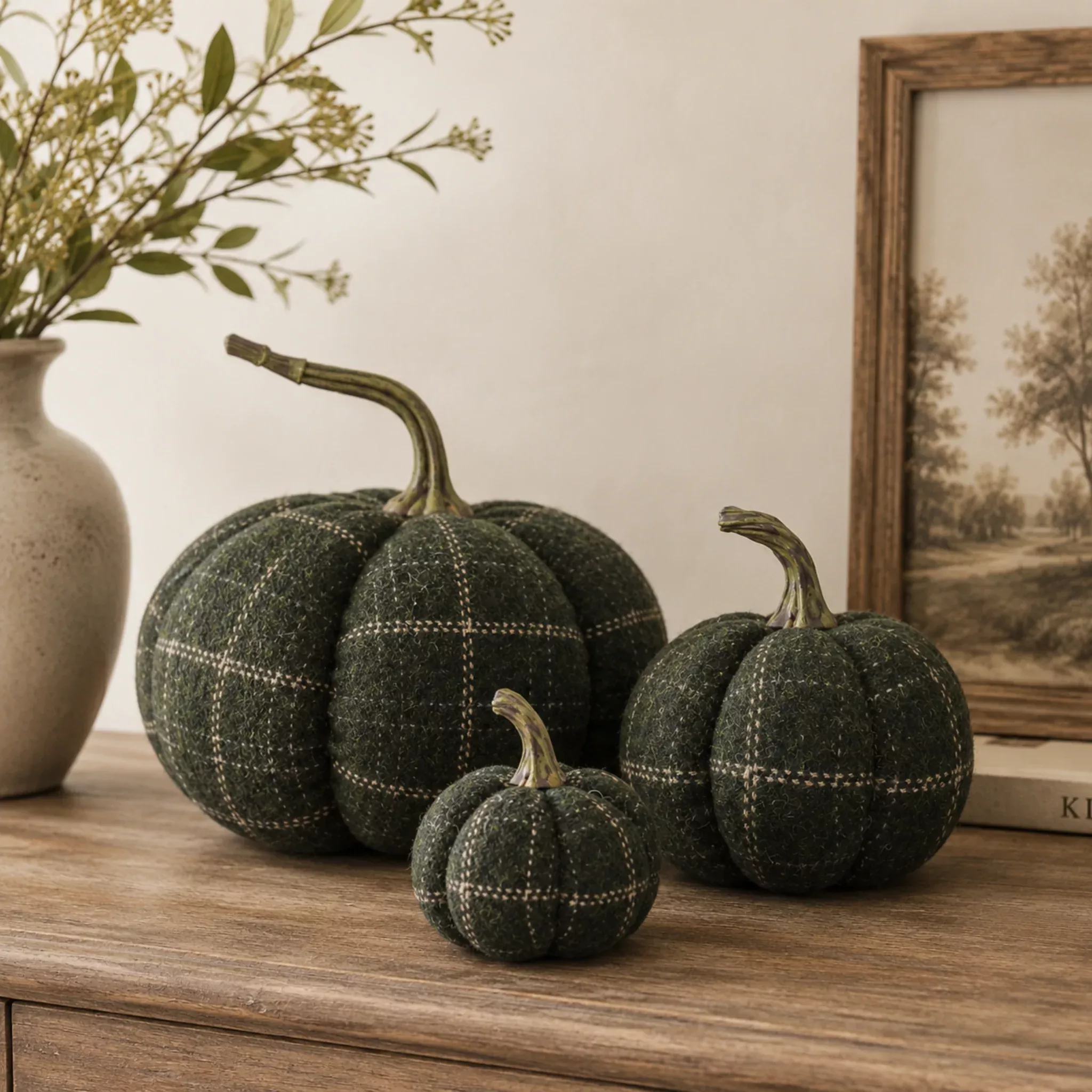 Deep Green Plaid Fabric Pumpkin