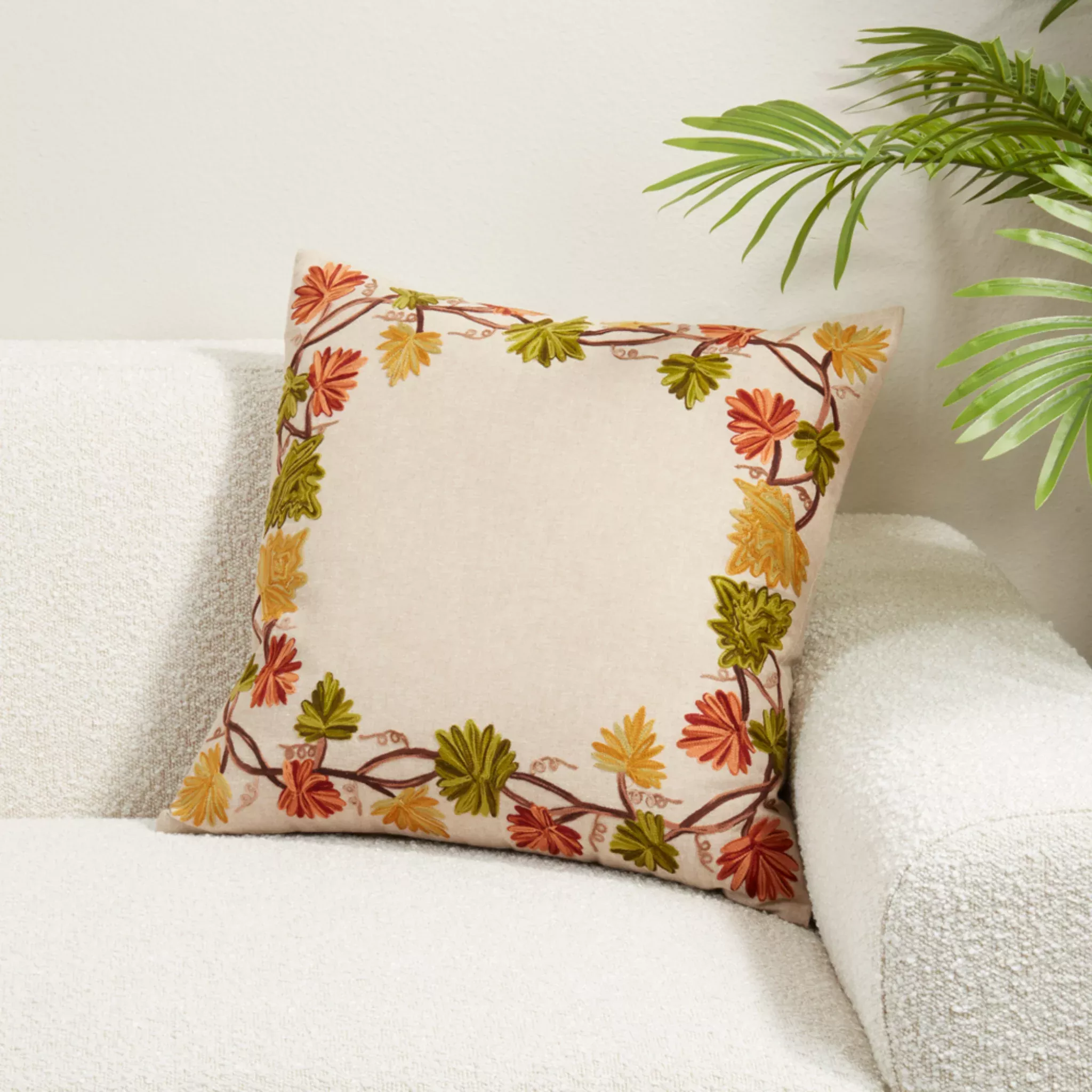 Embroidered Fall Leaves Boarder Pillow