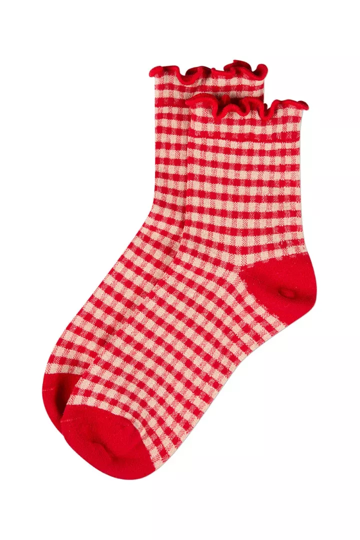 Gingham Ruffle Cuff Anklet Sock