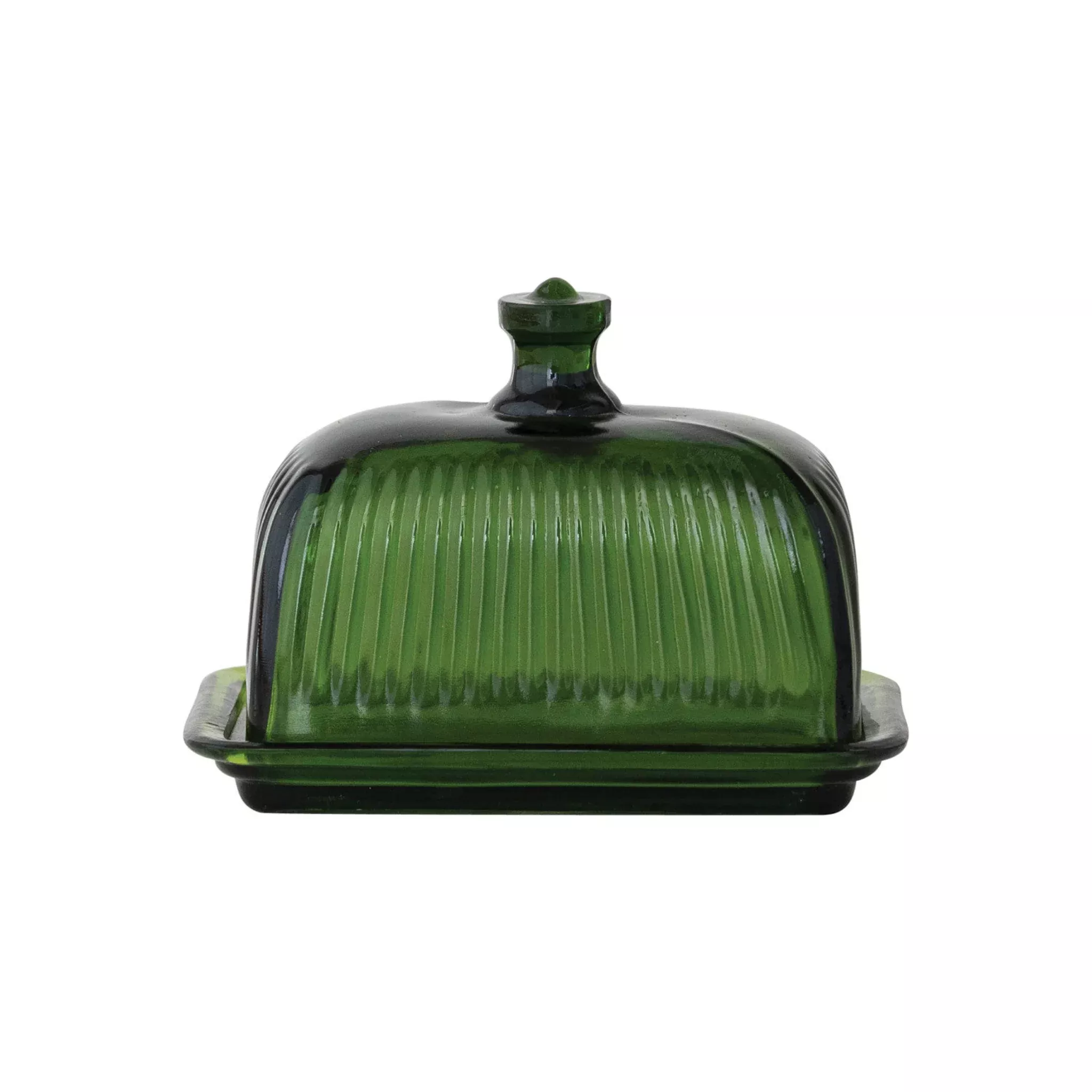 Green Ribbed Glass Butter Dish