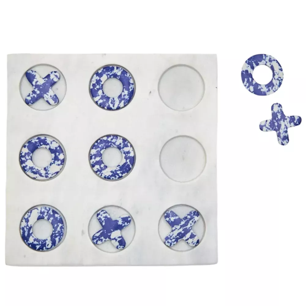 Hand-Crafted Blue & White Marble Tic-Tac-Toe Game Set