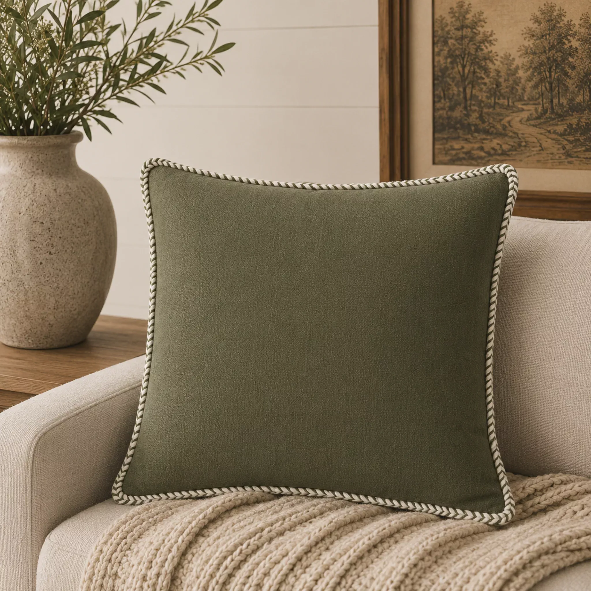 Herringbone Trimmed Green Throw Pillow