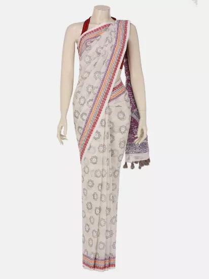Ivory Printed Cotton Saree