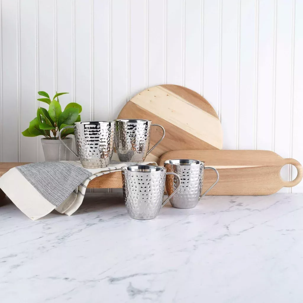 Mikasa Set of 4 Double-wall Hammered Stainless Steel Mugs