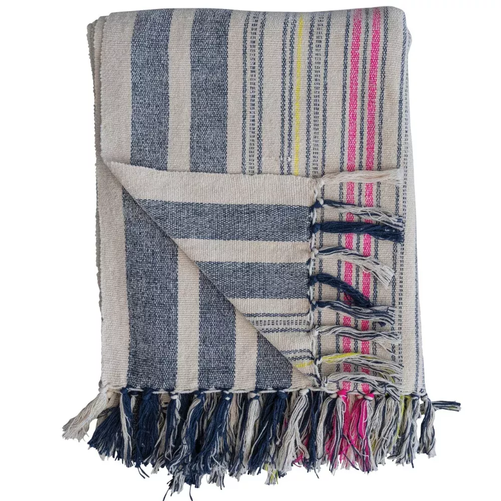 Multicolored Blue & White Frilled Striped Cotton Throw Blanket - 50" x 60"