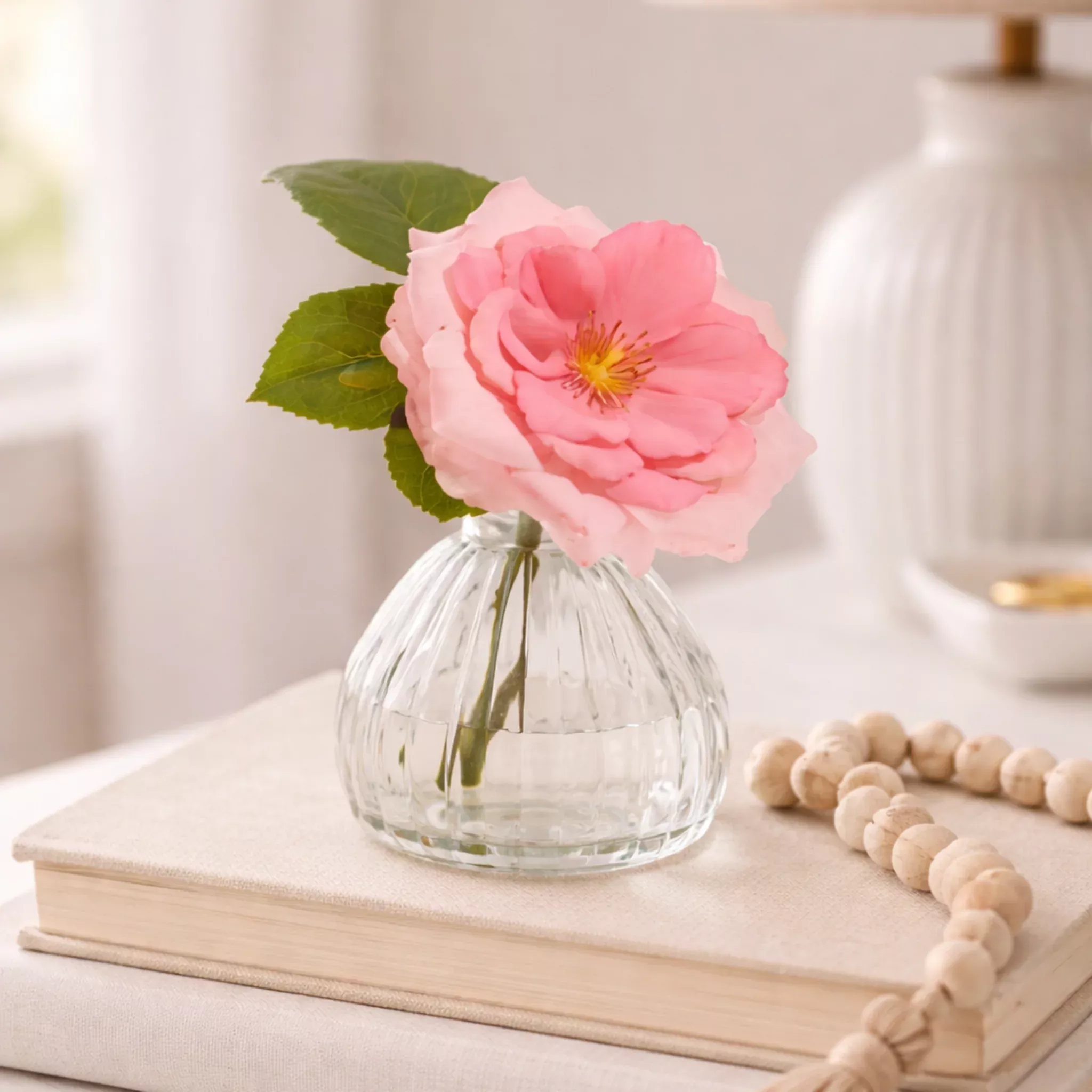 Pink Rose Stem In Glass Vase