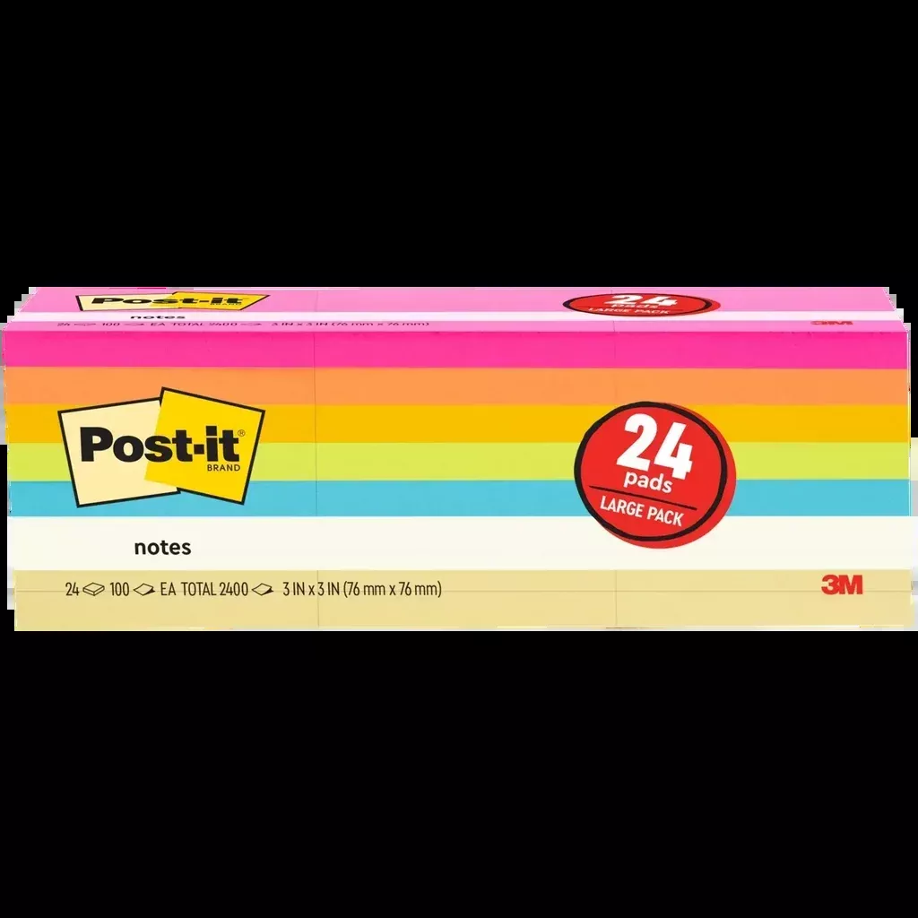Post-it Notes, 3” x 3”, Assorted Bright Colors, 100 Sheets, 24 Pads