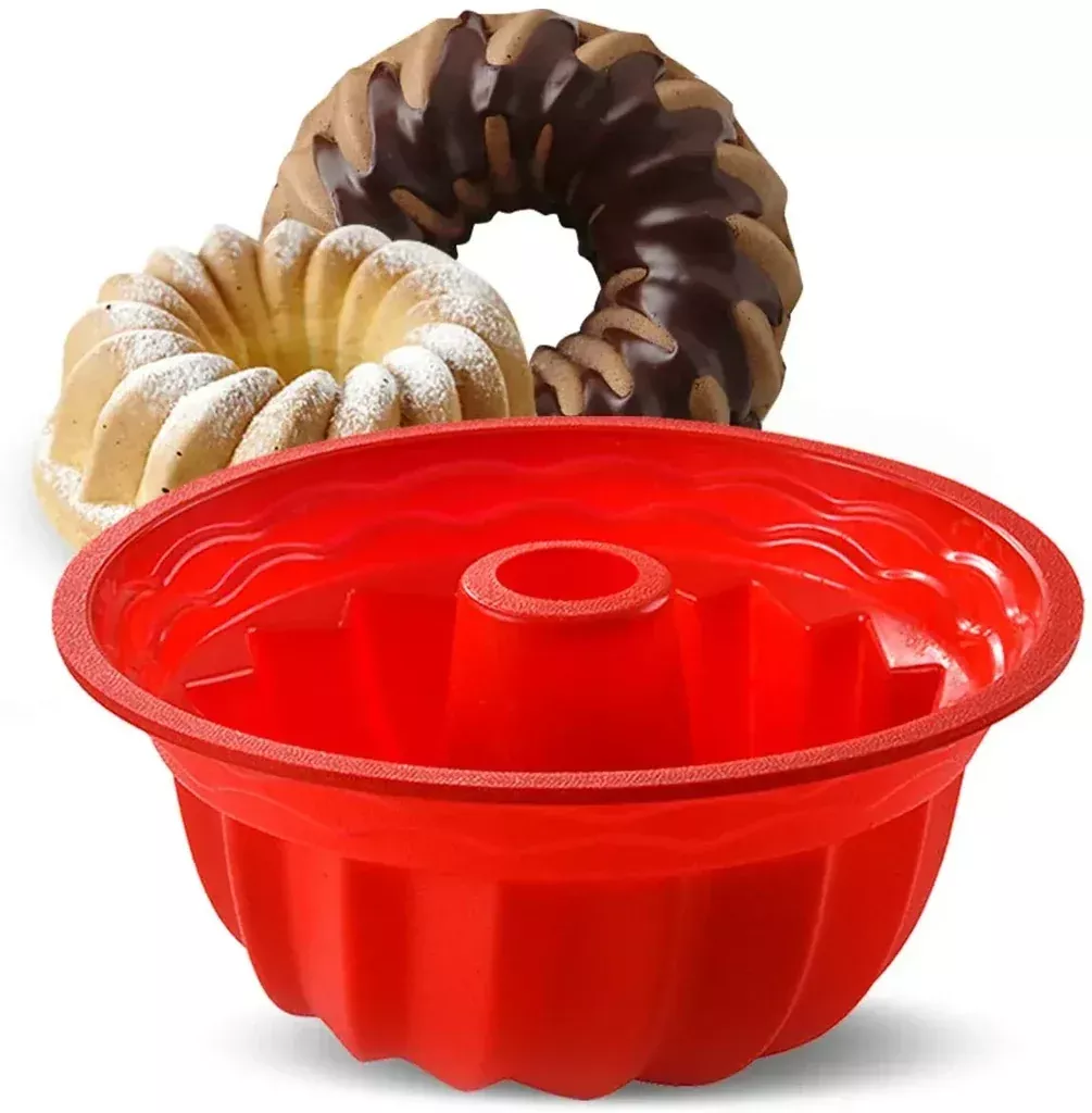 Silicone Baking Molds, European Grade Fluted Round Cake Pan, Non-Stick Cake Pan for Jello,Buntcake,Gelatin,Bread, 9.45 Inches Tube Bakeware Red