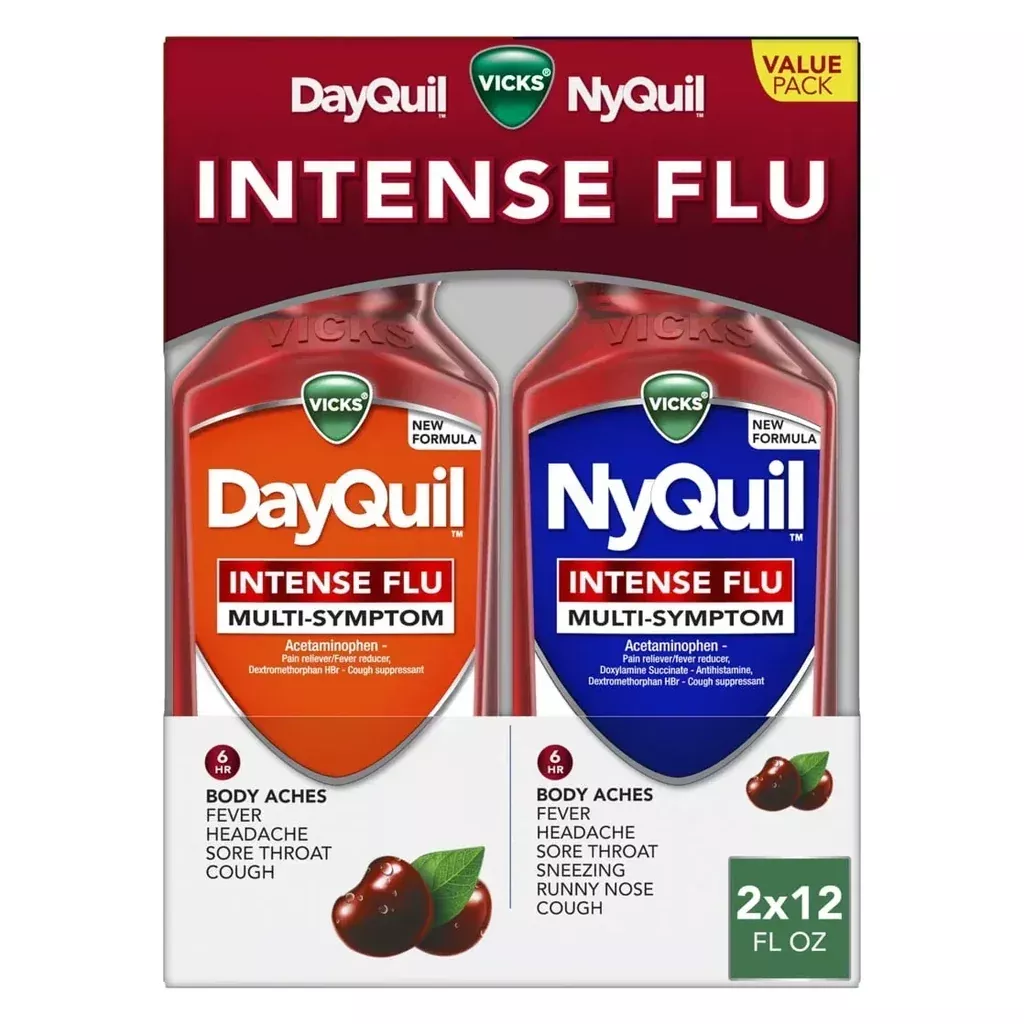 Vicks DayQuil & NyQuil Intense Flu Liquid, Multi-Symptom Relief, Cherry Flavor, Value Pack, 2 x 12 fl oz