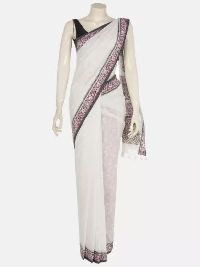 White Printed Cotton Saree